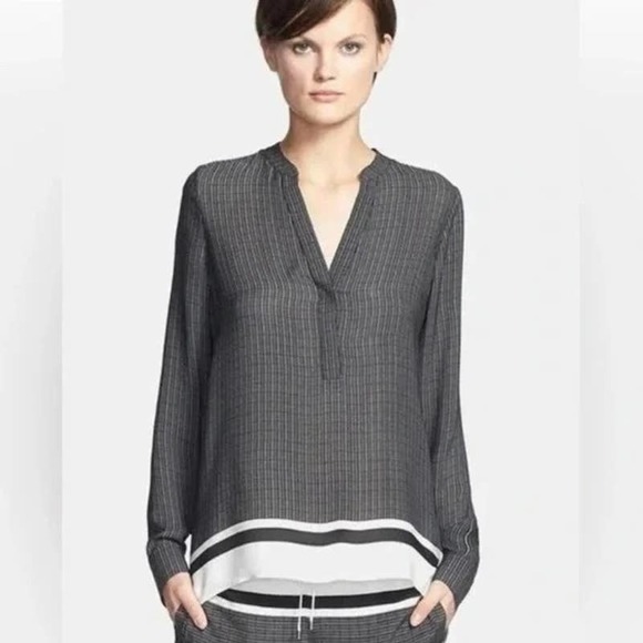 VINCE Black Cream Sheer Silk Georgette Long Sleeve Oversized Blouse Top XS Vneck - Picture 4 of 11